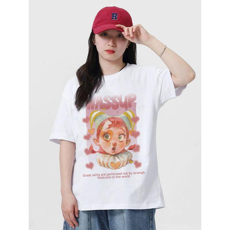 Wassup American-Style Clown T-Shirt Short-Sleeved Unisex Summer Loose Heavyweight Trendy Couple Round-Neck T-Shirt Top
