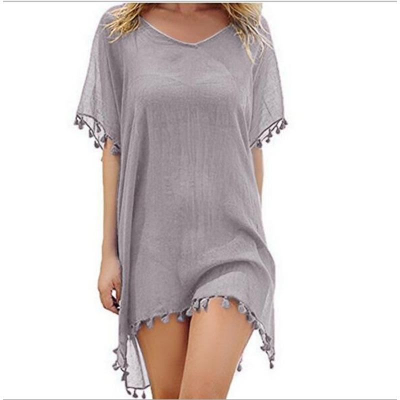 

Летнее женское платье с V-образным вырезом и бахромой, большой размер, модное повседневное, прозрачное, свободное, пляжное, короткое, блузочное, элегантное, простое, накидка, женская одежда One Size