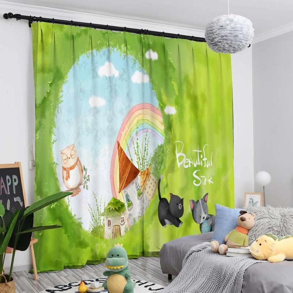 Cute Cartoon Green Forest Wildlife Thick Blackout Curtain Bedroom Living Room Window High Shading Drape 2 Pieces New Pattern