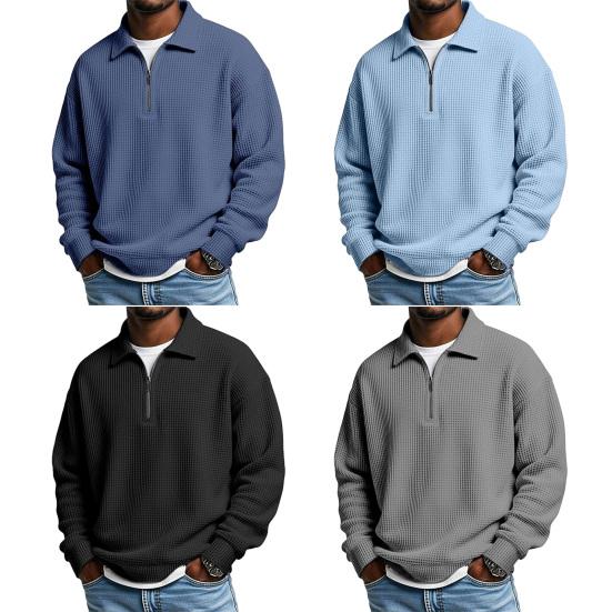 Men Sweatshirt Waffle Fabric Texture Long Sleeve Zipper Half Opening Classic Lapel Pullover Tops Solid Color Loose Fit Casual Sport Tops
