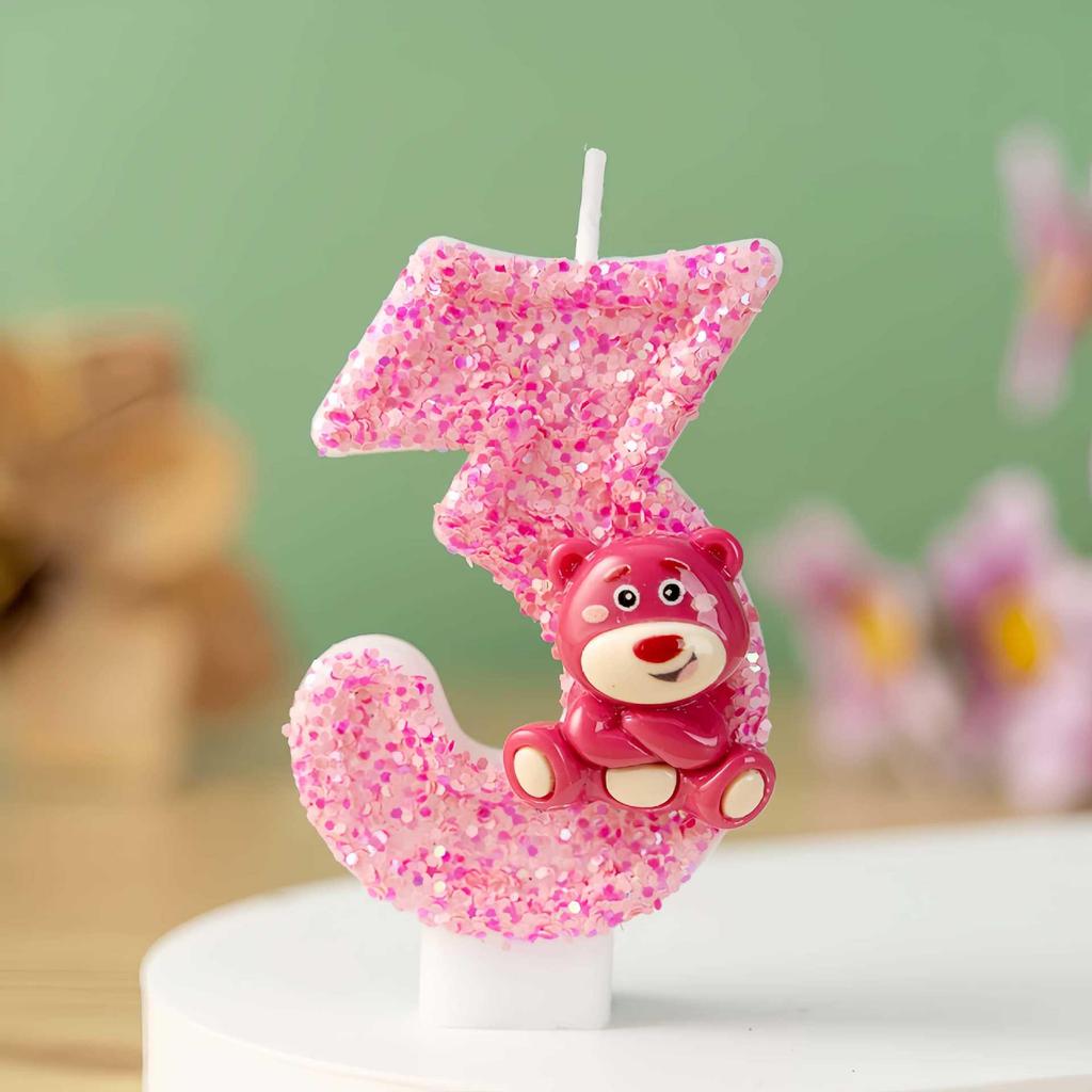 Cartoon Pink Bear Birthday Number Candles Cake Decoration