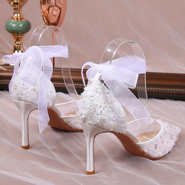 

Французские босоножки с бусинами, женские, белые, с кружевным ремешком, с острым носком, на высоком каблуке, свадебные туфли 40