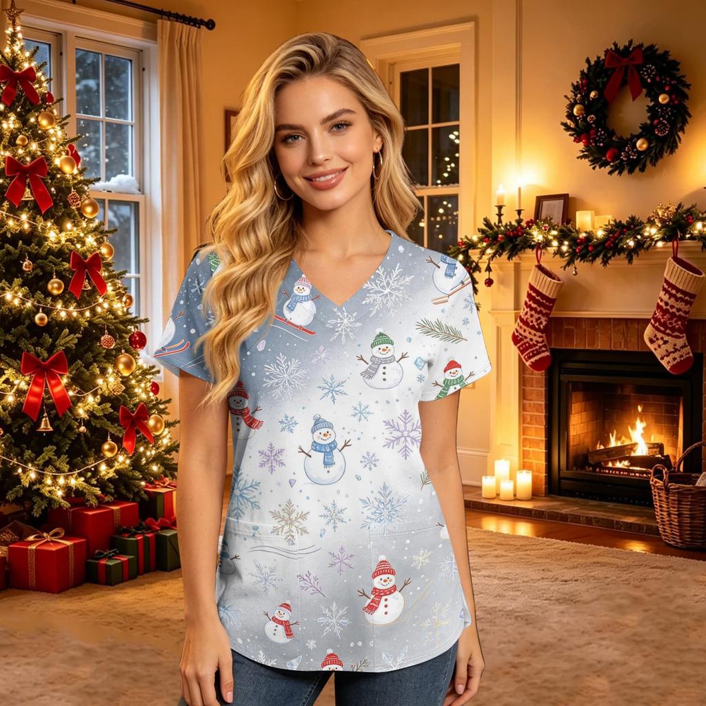 Women's V-Neck Short Sleeve Work Shirt with Pockets Christmas Print Caregiver Uniform Top