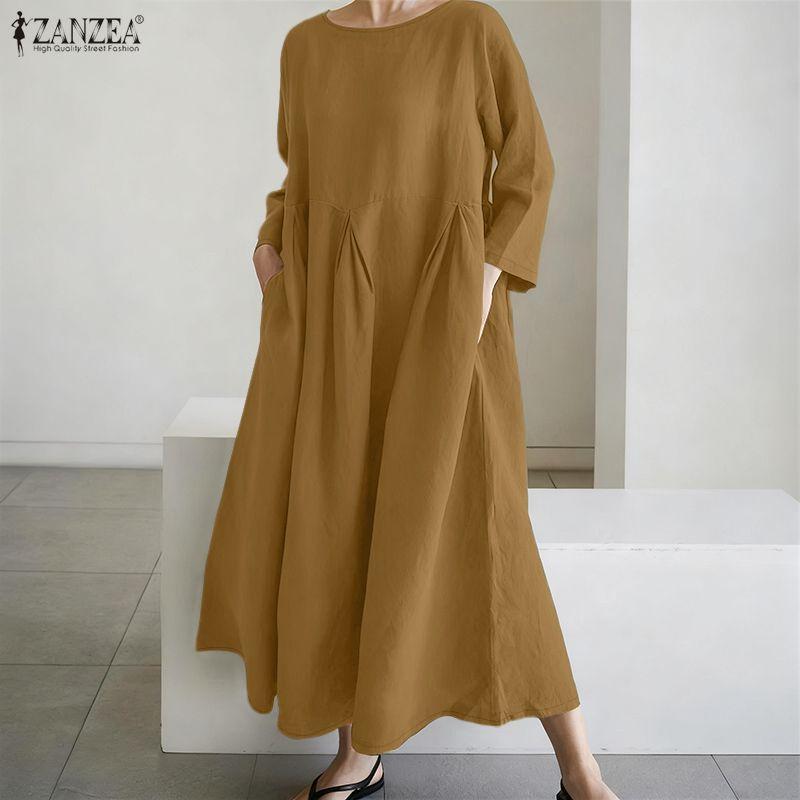 ZANZEA Damen Lässig Rundhals Achtelarm Locker Langes Kleid
