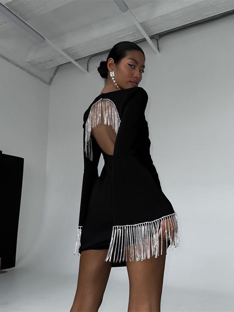 European & American Tassel Fashion Black Midi Dress with Trumpet Sleeves and Open Back, 2024 Collection