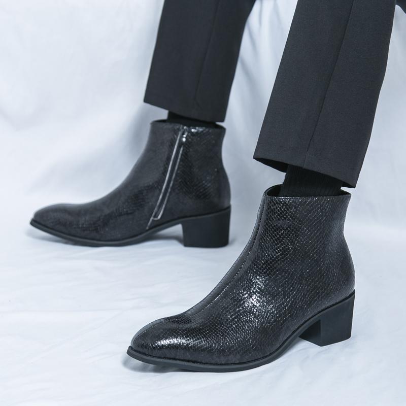 Party men's high top leather shoes Thick bottomed trendy design style nightclub Adults Plus Size 38-46 Classic black boots