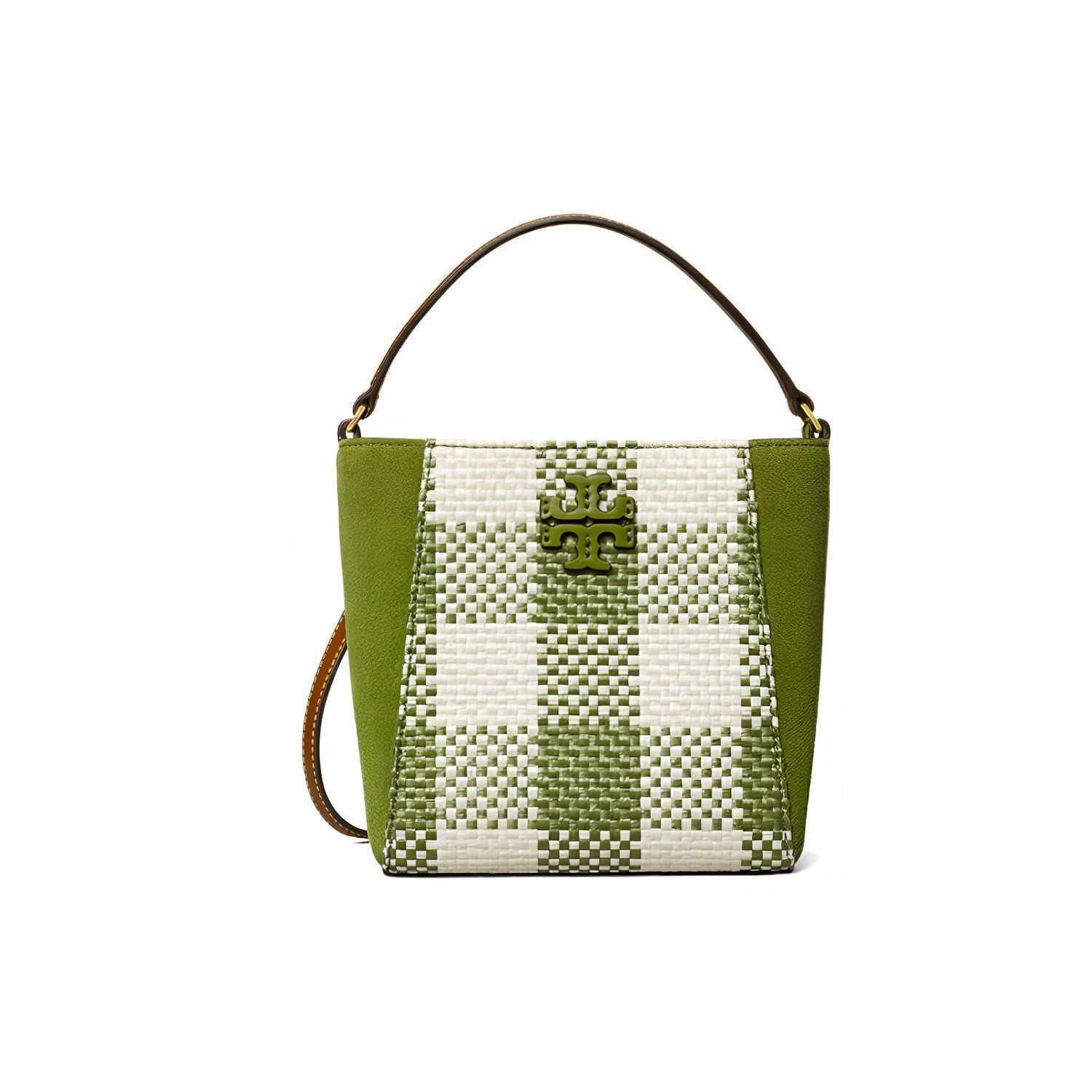 

Tory Burch TB McGraw Bucket Leather Shoulder Tote Bag Small Women bags Green White 79346-300 Basic Set (Bag+Dust Bag)