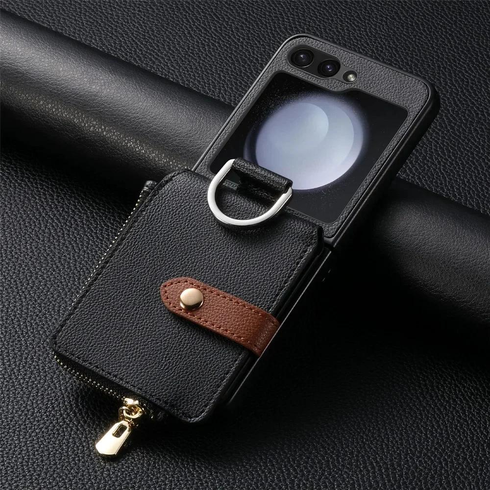 Prstenový kryt na telefon s držákem na karty pro Samsung Z Flip 6 5 4 3 Flip6 Flip5 Flip4 Flip3 5G Zipová peněženka PU kožený kryt