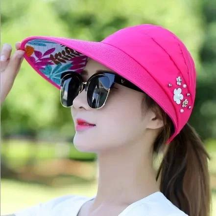 

Summer Hats for Women Foldable Sun Hat Pearl Flower Visor Suncreen Floppy Cap Female Outdoor Casual Baseball Cap Hat for Woman розы красного