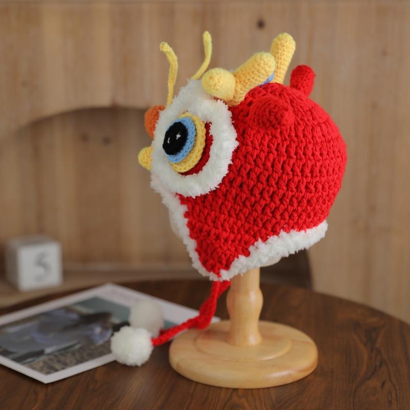 National Dragon Awakening Lion Hat Red Ear Protection Knitted Handmade Warm Festive Parent-Child Common Unisex 100% Image