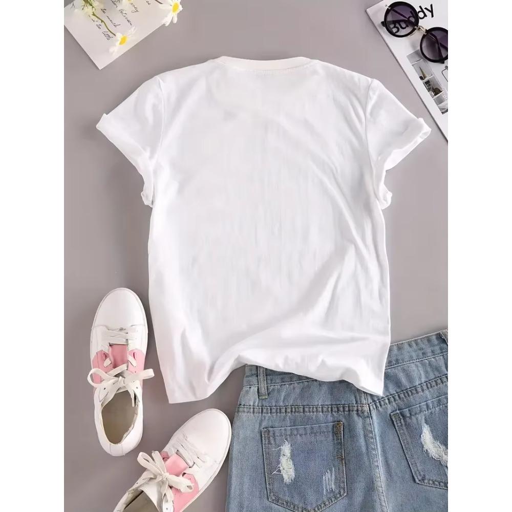 Flower & Letter Print Crew Neck T-Shirt Casual Short Sleeve T-Shirt For Summer Women's Clothing Kawaii 90s Korean Female Tops