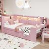 Children's Bed 90x200, Upholstered Headboard, LED Compartment, Multifunctional Bed: Desk, USB, Pull-out Bed, Slat Base, Pink (without Mattress)