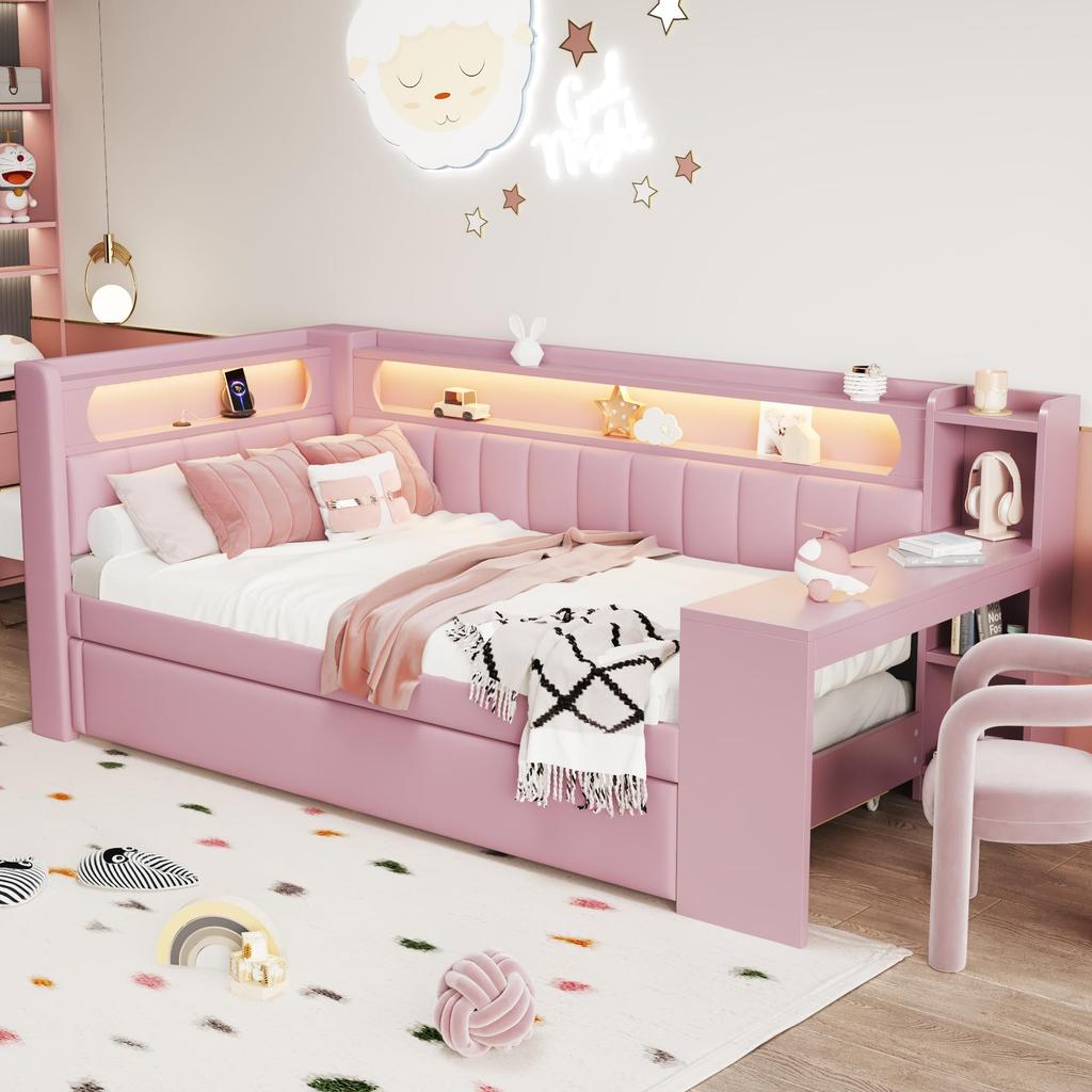 Children's Bed 90x200, Upholstered Headboard, LED Compartment, Multifunctional Bed: Desk, USB, Pull-out Bed, Slat Base, Pink (without Mattress)