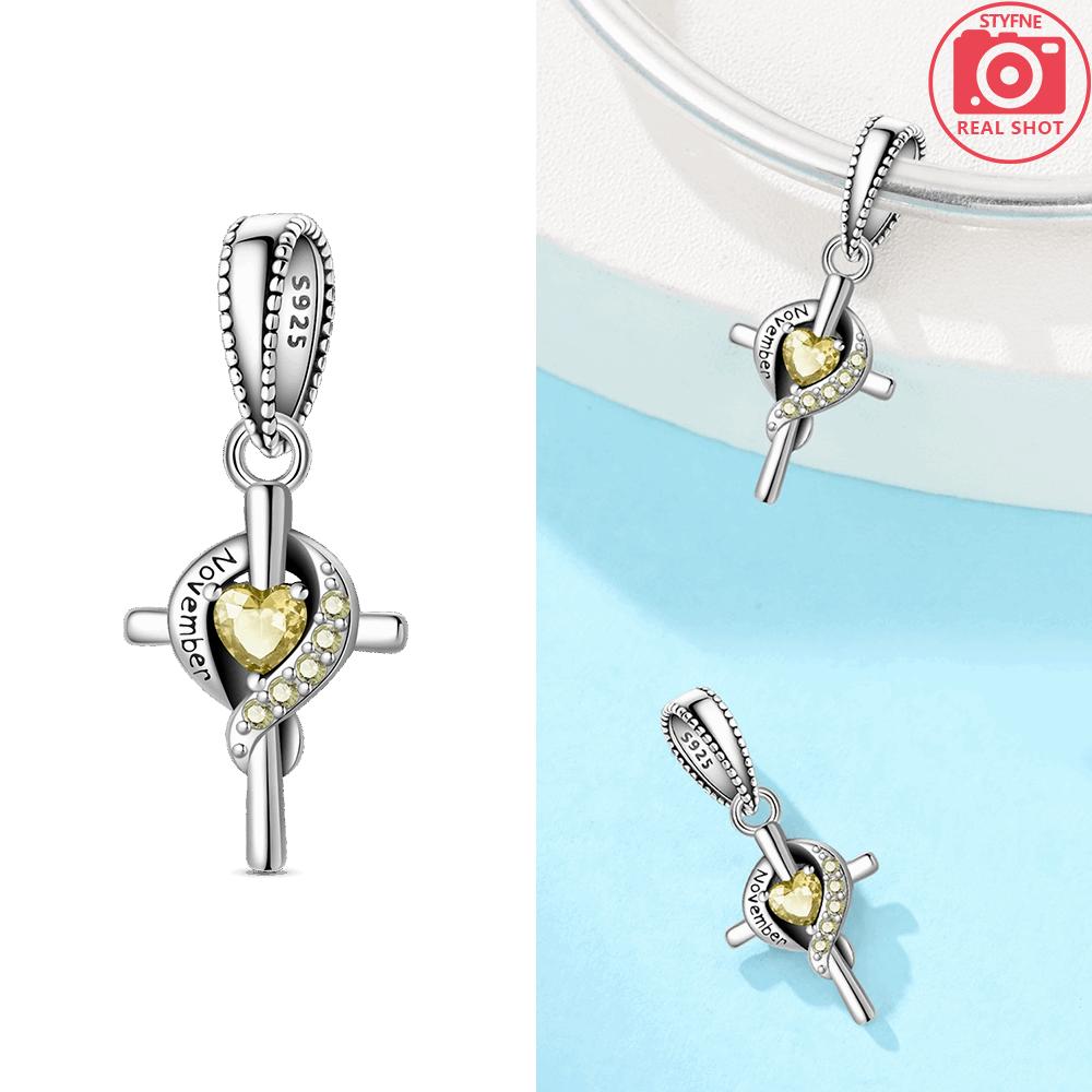 Women Pendant Original Red Zircon Birthstone Blue Gemstone Heart Cross Bead Fit Bracelet Copper Jewelry Accessory Charm Gift