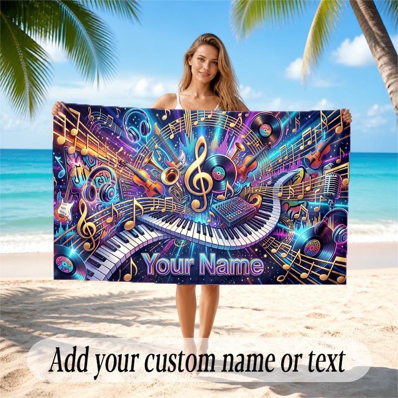 Music Theme Quick Dry Beach Towel Custom Name Text Print Large Sand Resistant Towel Beach Vacation