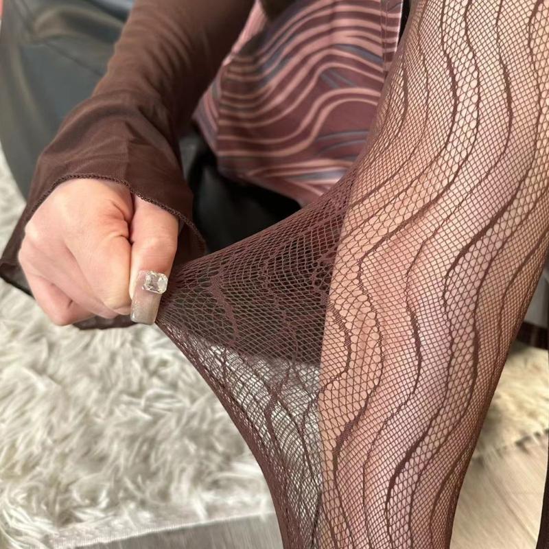 Women Sexy Hollow-Out Fishnet Pantyhose Water Ripple Striped Patterned Bottoming Leggings Fine Mesh Tights Stockings