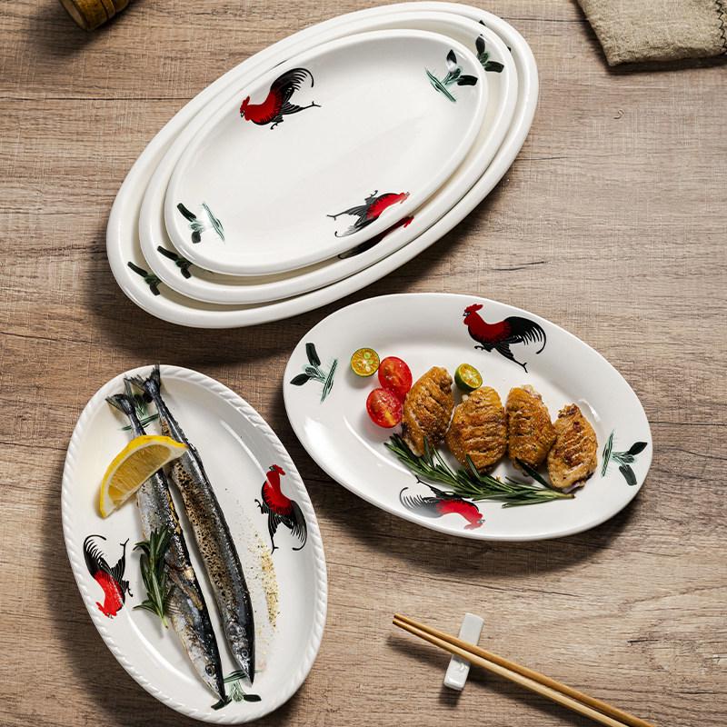 Rooster Series Nostalgic Oval Ceramic Serving Plate