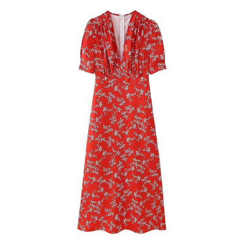 Autumn New Product Women Clothes French Style Pastoral Style Pleated Decoration V-neck Bubble Short Sleeve Long Print Dress