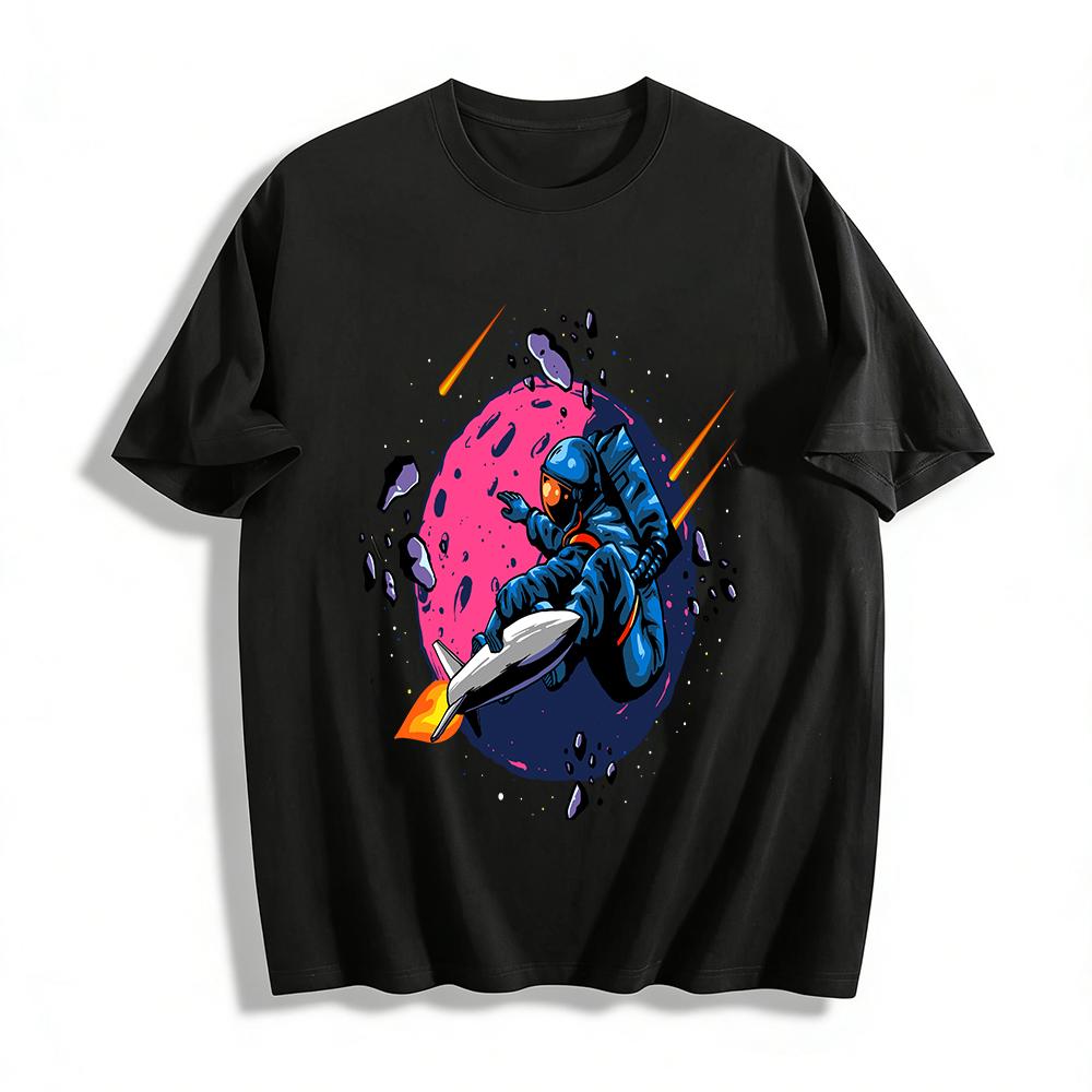 Cool Astronaut Riding Rocket Graphic Casual Short Sleeve T-Shirt Pure cotton T-shirt XXS