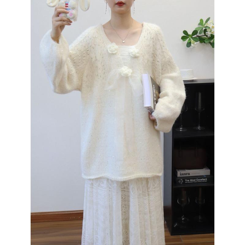 Autumn and winter new medium and long three-dimensional flower bow sweet knitted sweater top loose sweater pullover woman