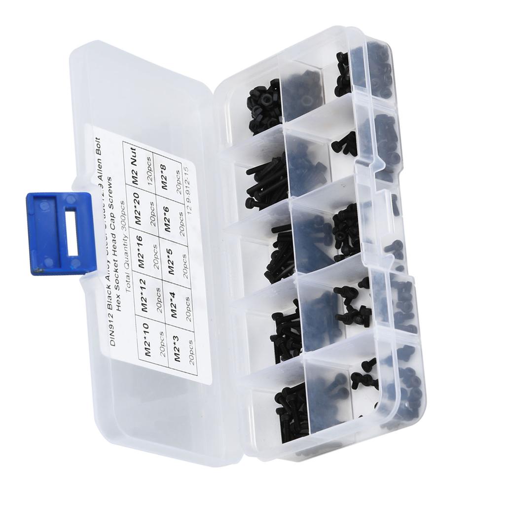 300pcs M2 X 3 20mm 12.9 Grade Black Alloy Steel Hex Socket Screw Bolt and Nut Kit