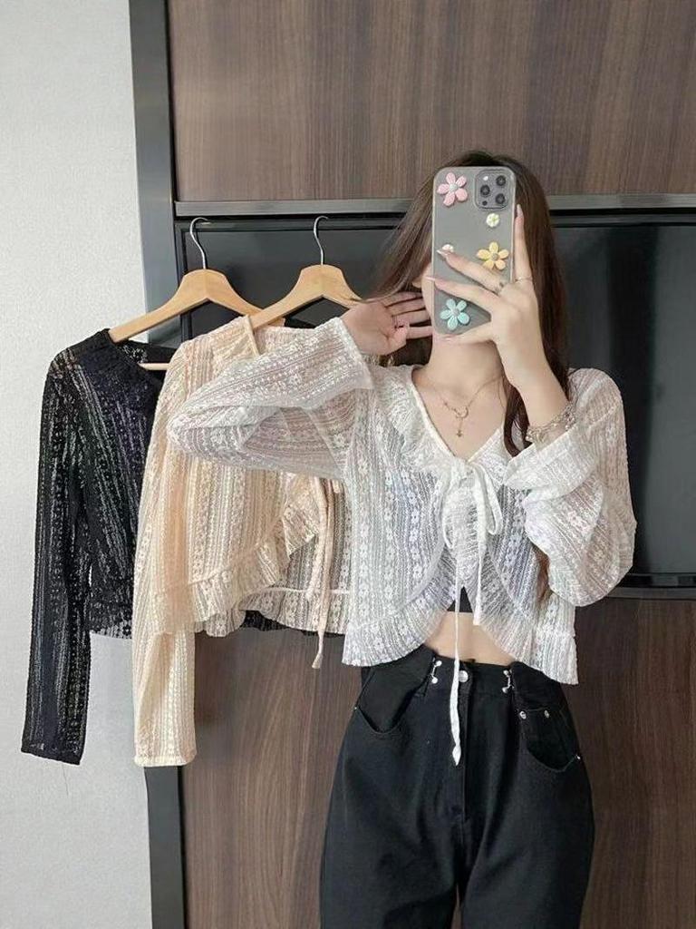 Lace Tie Women's Summer Cardigan - Lightweight Sun Protection Shawl & Airy Short Jacket In Gentle Fairy Style