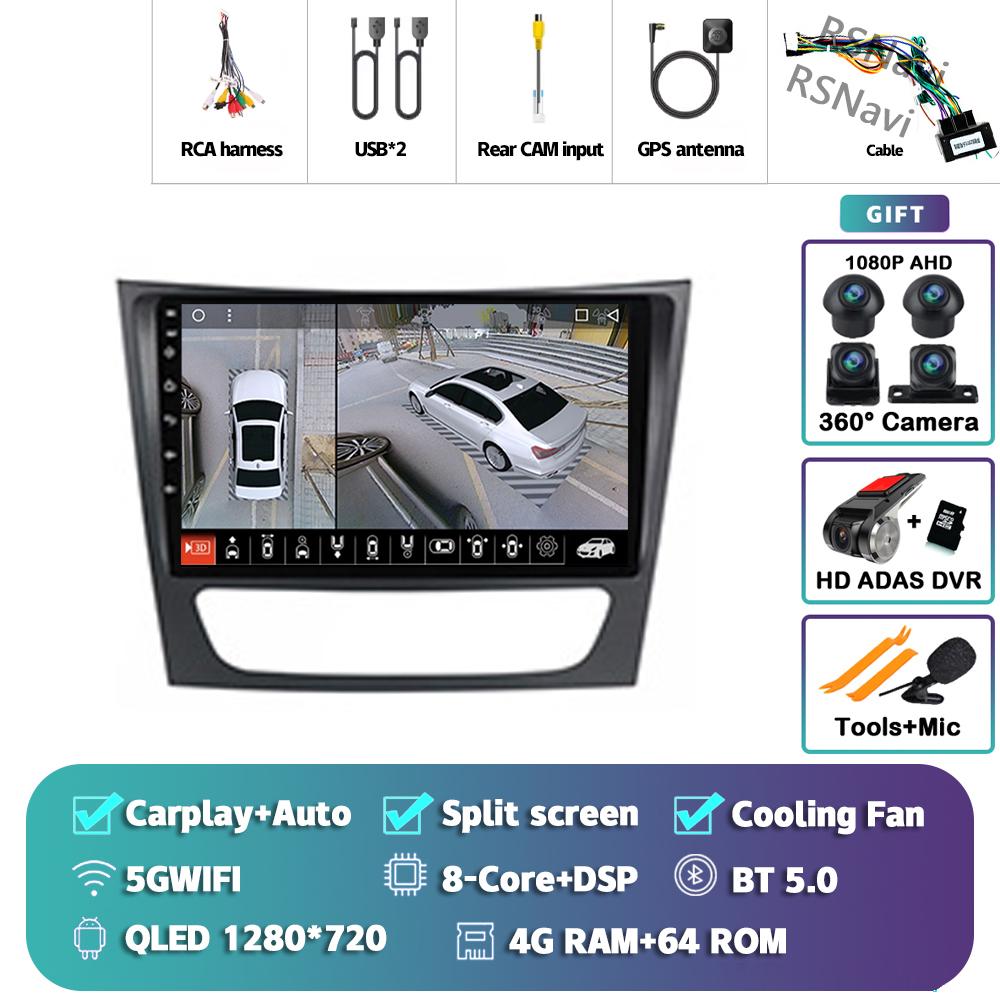 Android 14 Carplay Auto For Benz W211 Car Radio Player Multimedia stereo Navigation 4G+WIFI Head Unit DVD AI Voice 360 Camera BT