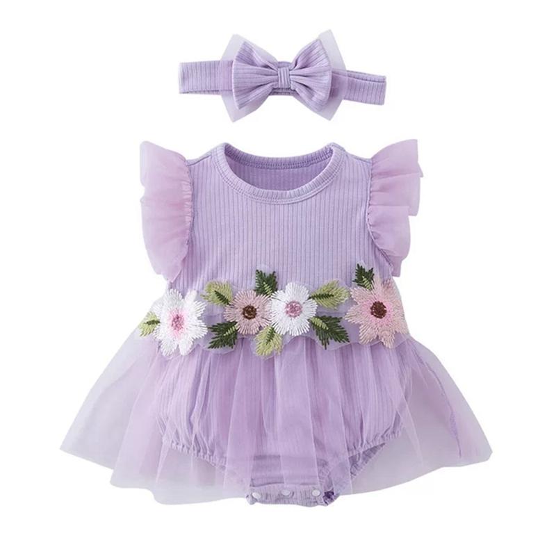 Infant Baby Flower-Embroidered Romper Mesh Dress with Headband