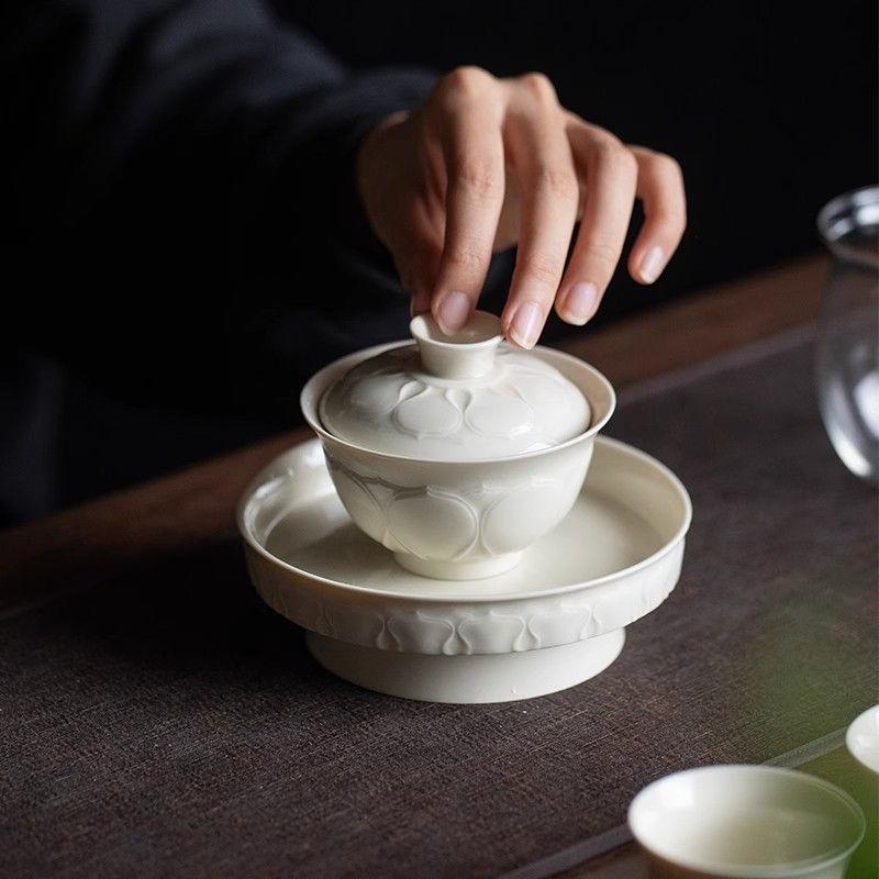 Imitation of Song Ceramic Cover Bowl Teacups Retro Tea Set Large Capacity Not Hot Hand Modern Simple Household Relief Tea Bowl