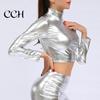 Club Crop Top Women Glossy Faux Leather Half-high Collar Solid Color Waist-exposed Long Sleeve Skinny Pullover Elastic Nightclub Stage Show