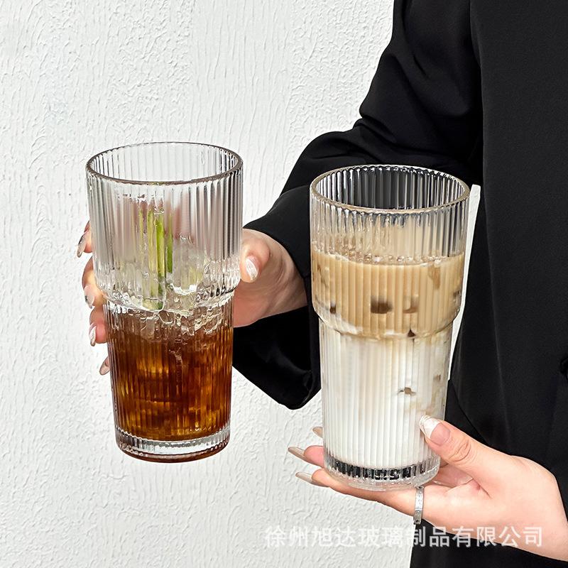 High Value Simple Juice Coffee Cup Vertical Stripe Glass Water Cup Large Capacity Stacked Cup With Lid Straw