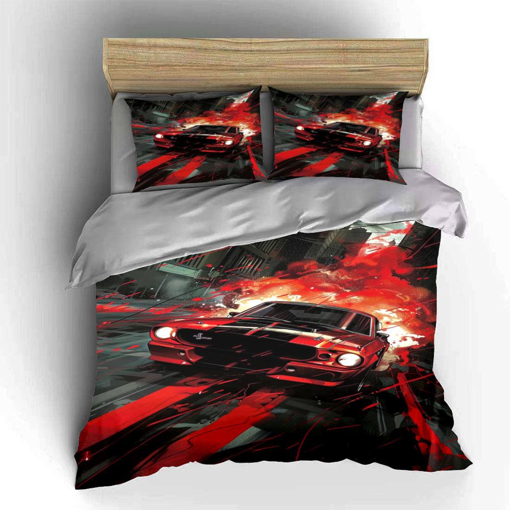 Red Muscle Car with Flames Bedding Duvet Cover Set  (1*Duvet Cover 2*Pillowcases, without duvet insert)