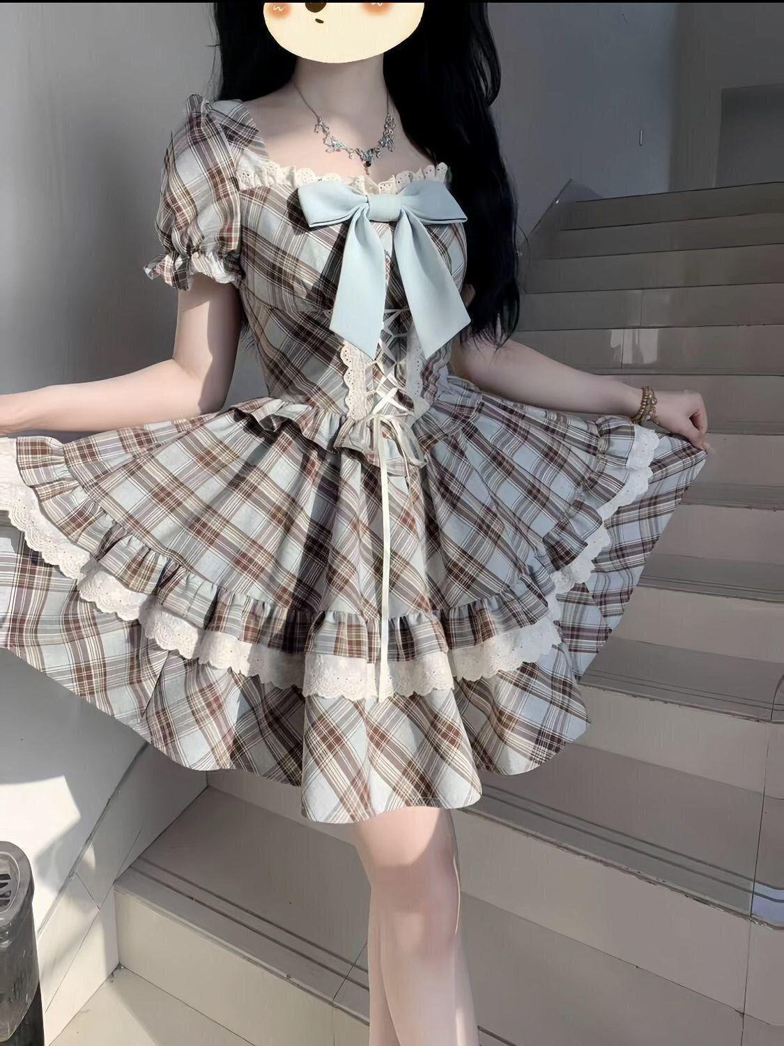 Popular summer temperament fashion high sense bow plaid princess dress skirt women French S
