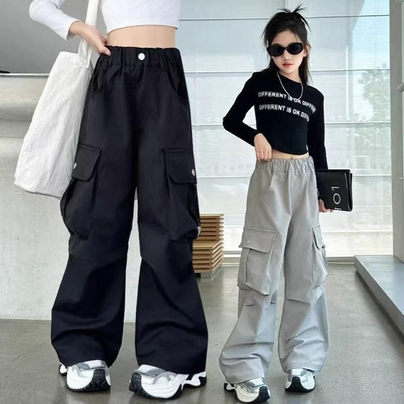 6-16 Years Kids Girls Loose Cargo Pants Multi-pocket Wide-leg Pants