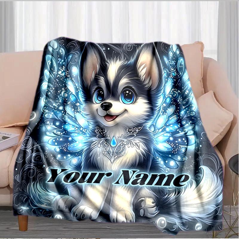 1PC Custom Name Fantasy Puppy Wings flannel blanket versatile,all-season throw suitable for the living room,bedroom,camping,travel,and gift
