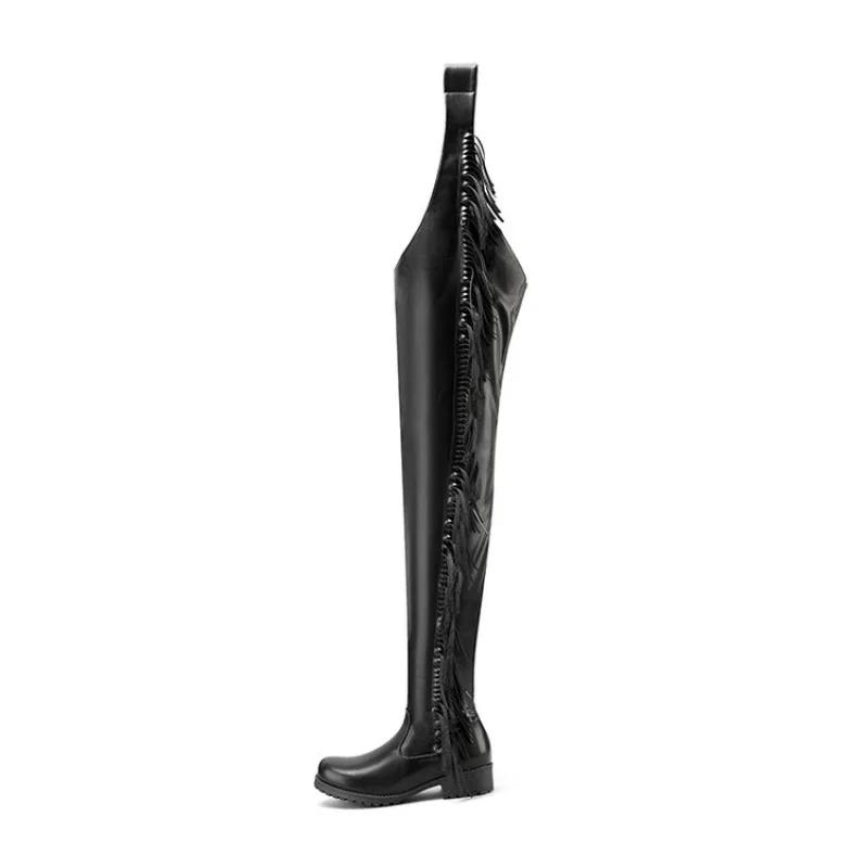 Fashion Side Zipper Tassel Belt Buckle Black White Pants Boots Women's Round Toe Low Heel Nightclub Pole Dance Sexy Motorcycle Boots 43