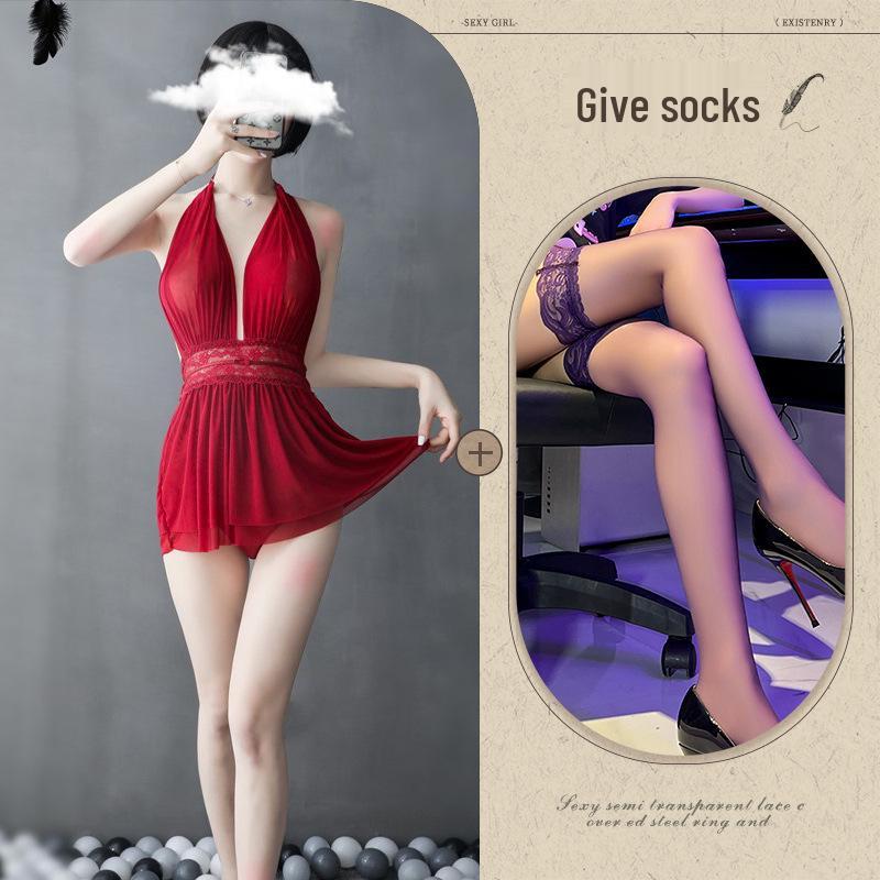 European-American Deep V Backless Mesh Halter Nightdress