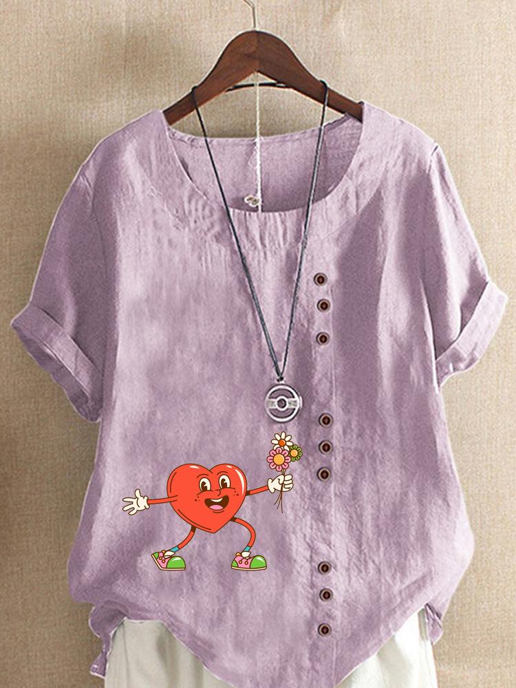 Women's Fashion Heart Shaped Floral Print Round Neck Short Sleeve T-shirt Summer Casual Cotton Linen Graphic Shirt Leisure Loose Blouse Tops