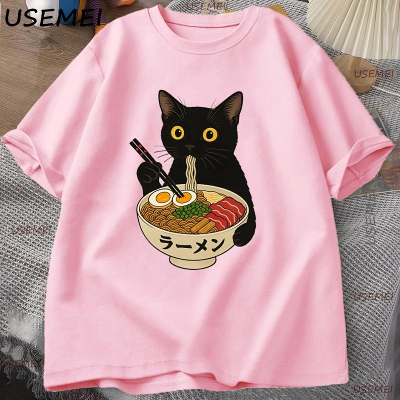 RaUnisex Noodle Black Cat T Shirt Foodie Lover Meme Top Cool T Shirt Casual Short Sleeve Round Neck Tshirt Streetwear Clothes