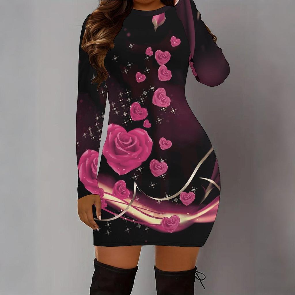 Podzim a zima 2025 Nové dámské módní šaty s 3D potiskem a barvením s motivem srdce, s dlouhým rukávem, kulatým výstřihem, obepínající boky, limitovaná edice ke Dni svatého Valentýna