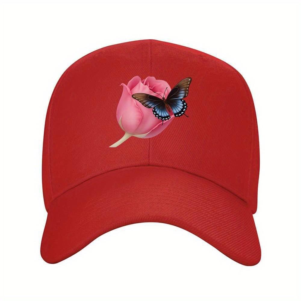 Rose and Butterfly Baseball Cap Adjustable Unisex Polyester Casual Baseball Hat