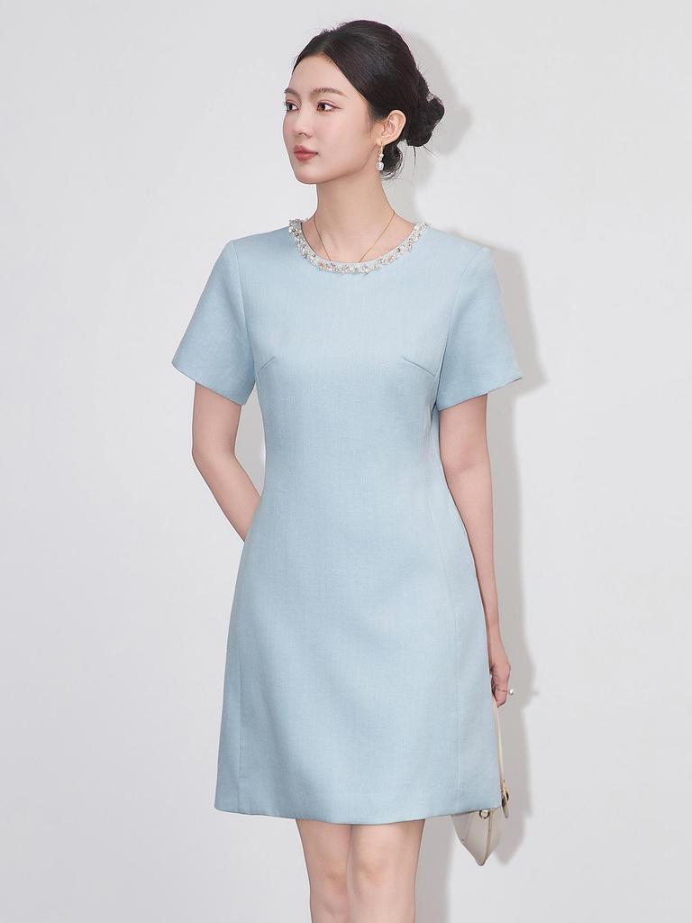 Diamond-Embellished Waist-Defining Linen Blend Dress - French Chic Women's Summer Style