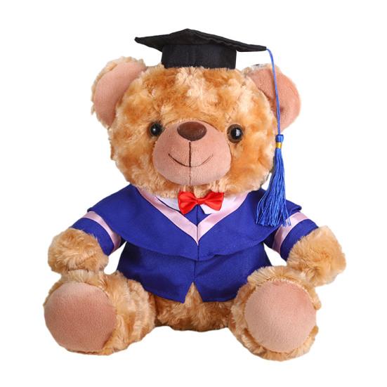 Plyšový medvídek absolvent 2025 s talárem, čepicí a střapcem, roztomilý hnědý absolvent