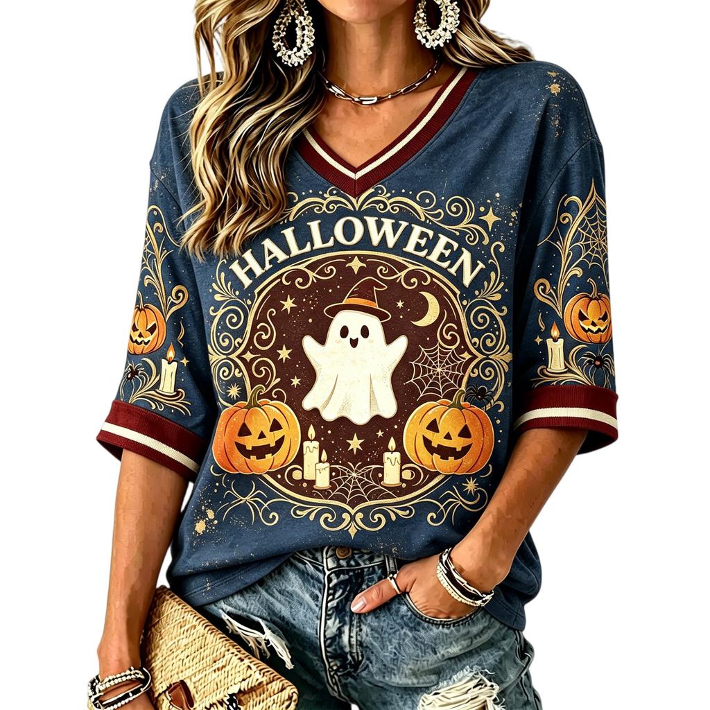 Women's Halloween Print V-Neck T-Shirt Casual Loose Fit Summer Top