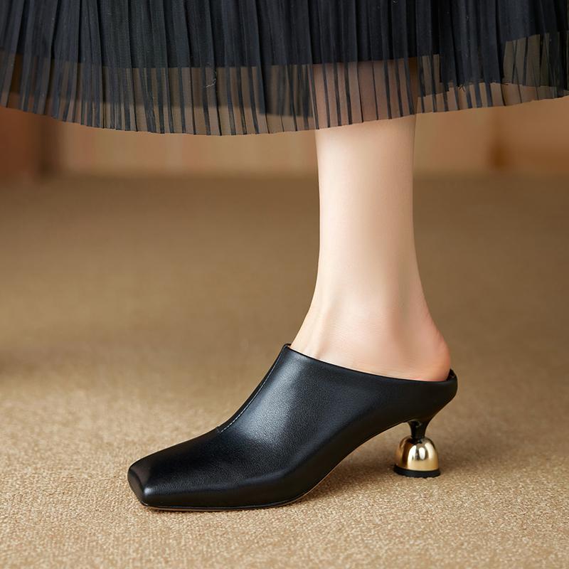 Fashion Women's Shoes New Spring/Summer Square Toe Genuine Leather Sheepskin Baotou High Heel Large Muller Half Slippers Heels Women