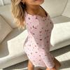 Women's Long-Sleeve Printed One-Piece Pajamas - Round Neck, Button Front, Stylish, Lightweight, Comfortable, Skin-Friendly Fabric.