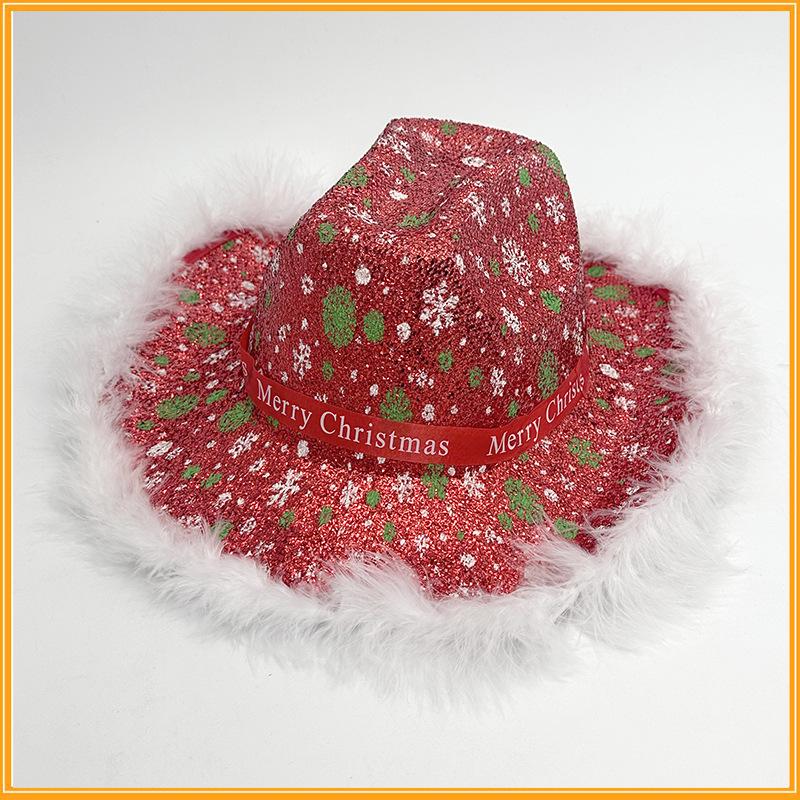 Hot Selling Christmas Party Snowflake Feather Cowboy Hat Santa Claus Western