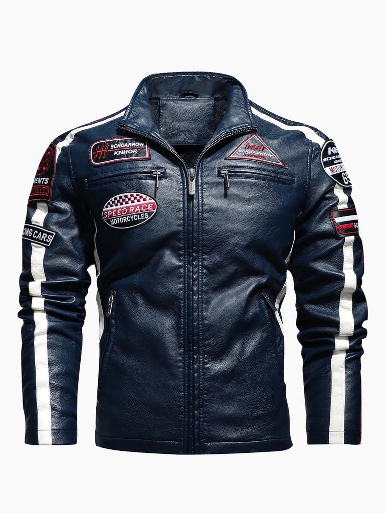 Men's Color Block PU Leather Jacket with Fleece Lining, Motorcycle Racing Style