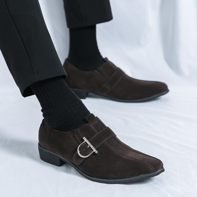 Fashion Brand Men's Pointed Suede Loafers Fashionable Korean Style Slip-on  Buckle Leather Shoes Commuting Business Casual Leather Shoes