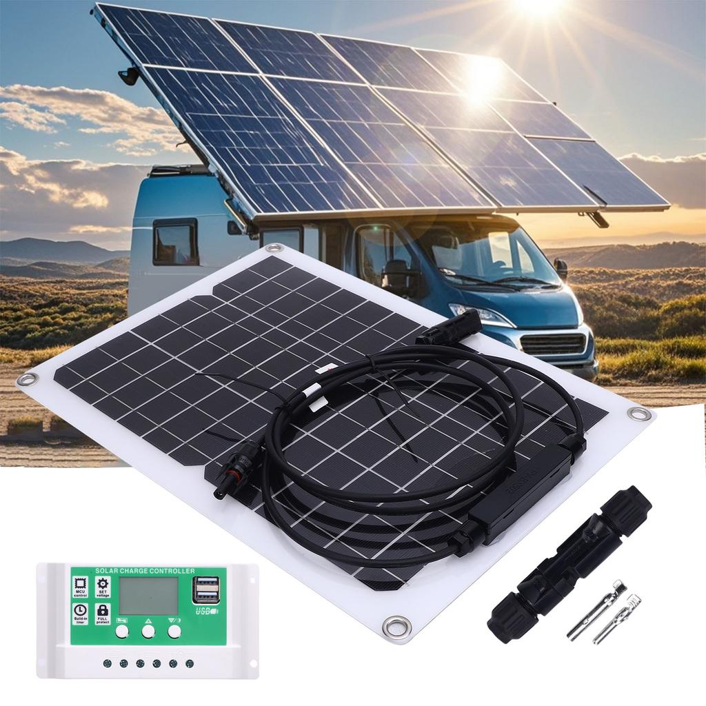 Solarladegerät-Set 15W18V Regendicht Multifunktionales Auto-Solarpanel Batterieladegerät mit Controller-Kit für Camping Gewächshaus